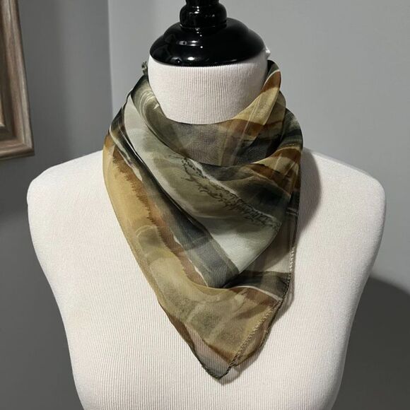 Vintage Brown, Tan, Olive Green, Grey Striped Neck Hair Scarf 20.5" x 20.5" - Picture 5 of 6